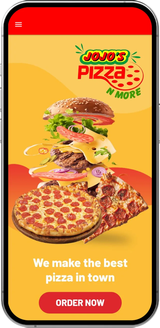 Jojo's Pizza N More mobile app interface showing a pepperoni pizza, a deconstructed burger, and an "Order Now" button.