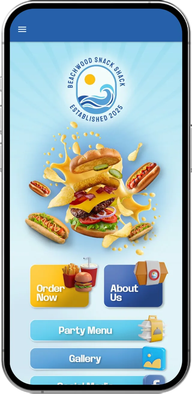 Mobile app home screen design for Beachwood Snack Shack featuring food graphics and ordering options
