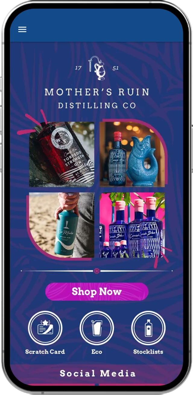 Mobile app interface design for Mother's Ruin Distilling Co featuring product images and a "Shop Now" button