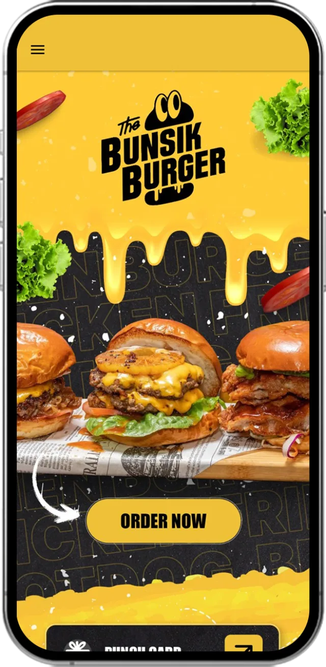 Mobile app home screen design for The Bunsik Burger featuring burgers and an "Order Now" button