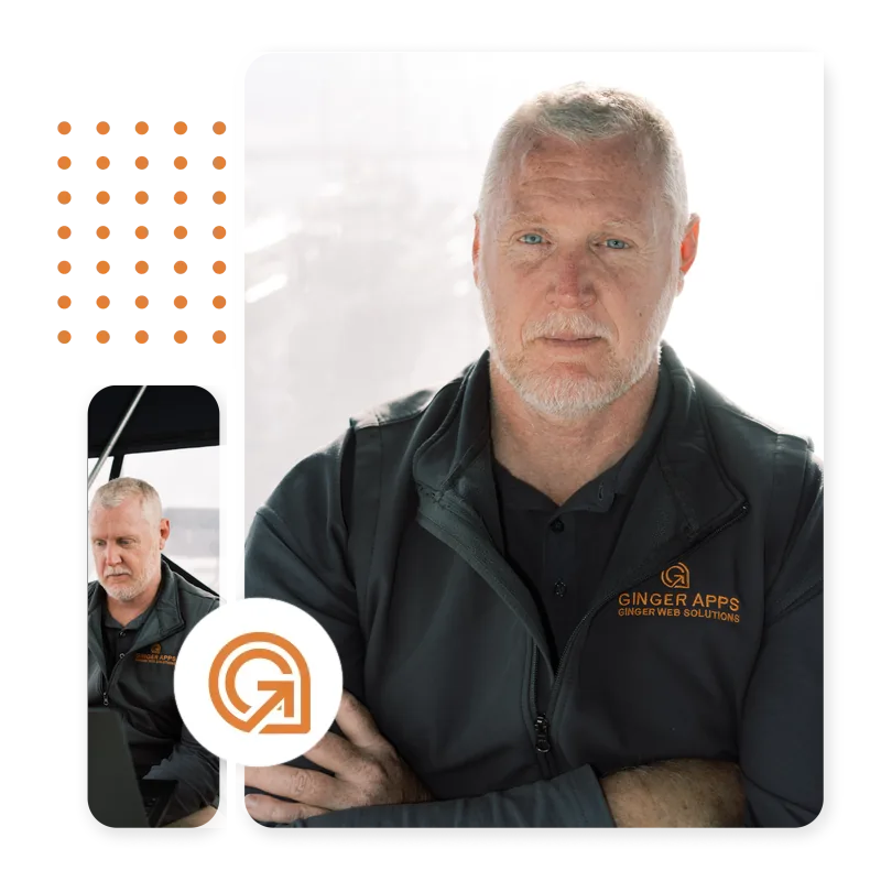 Photo of Paul Hashman, founder of Ginger Web Solutions, in a branded Ginger Apps jacket, alongside a smaller photo of him working on a laptop
