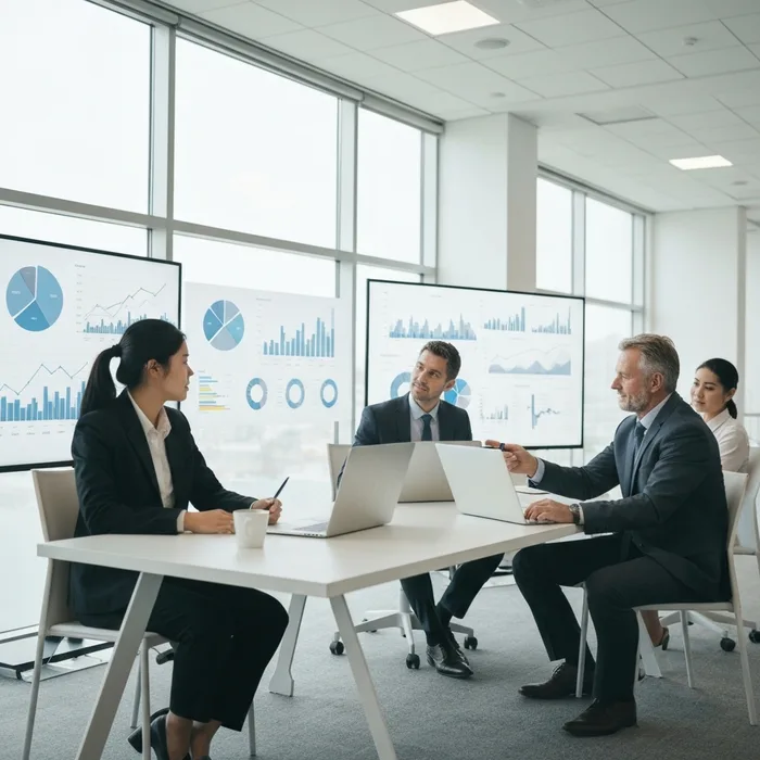 Business team reviewing analytics dashboards and performance reports during a strategy meeting