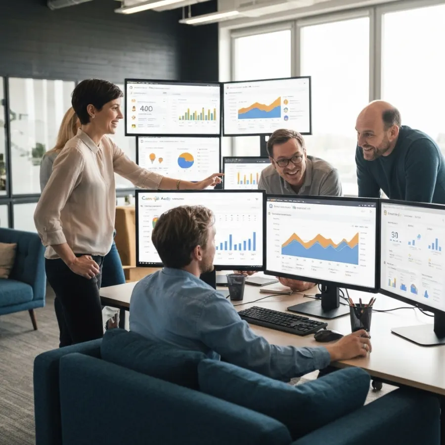 A professional team of data analysts collaborating in an office, looking at multiple computer monitors displaying SEO and SEM performance dashboards.