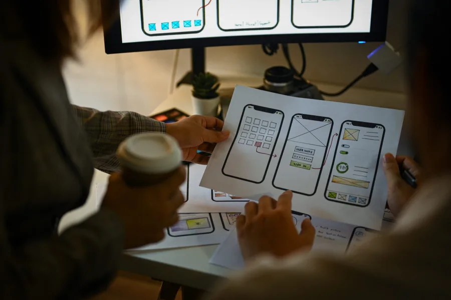 Mobile App Development service showing 2 people analyzing a wireframe of a mobile app