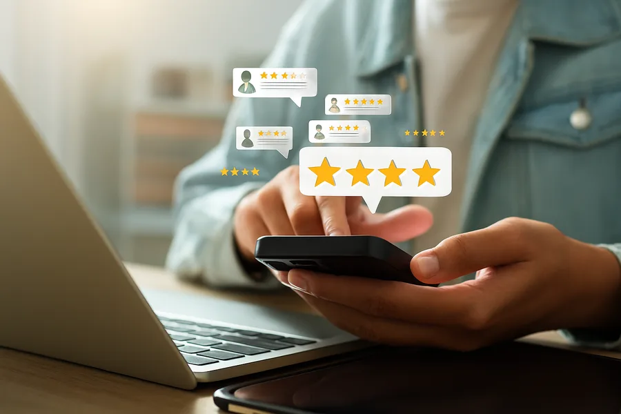 Online reputation marketing service showing five star customer reviews and rating management on mobile device