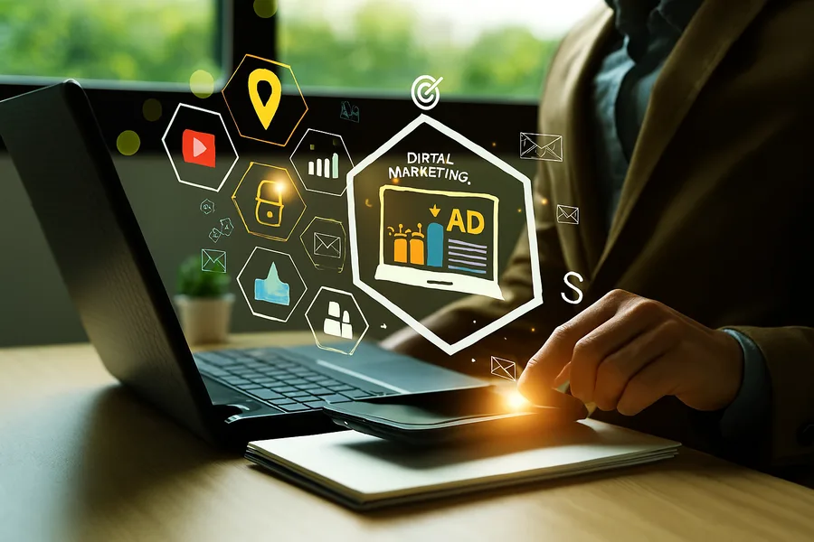 Search engine marketing campaign management on laptop showing digital advertising and paid ads strategy