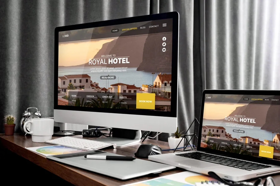 Desktop and laptop displaying a hotel website design mockup on a modern workspace desk