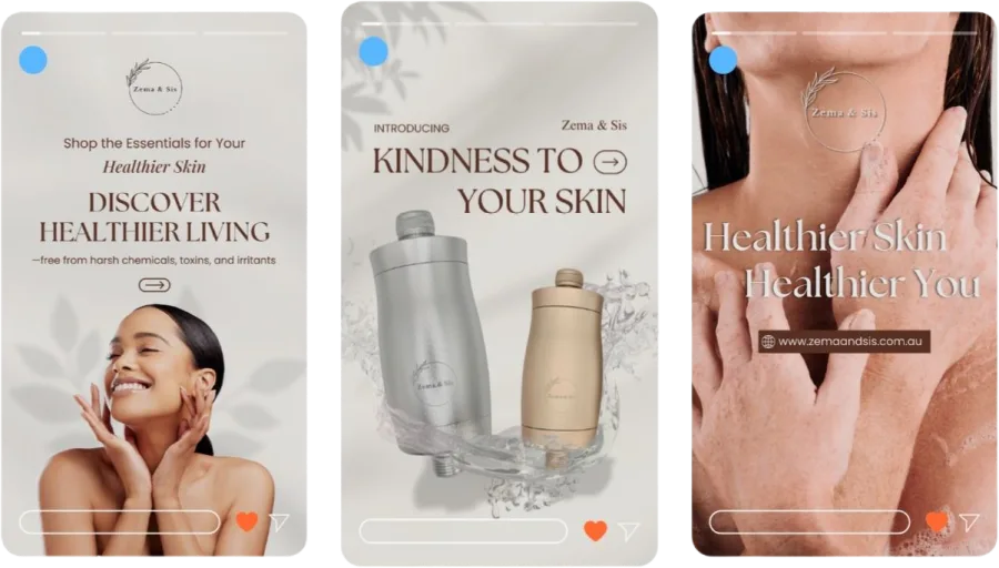 Zema & Sis social media marketing portfolio featuring elegant Instagram story designs for natural skincare products and healthy living.
