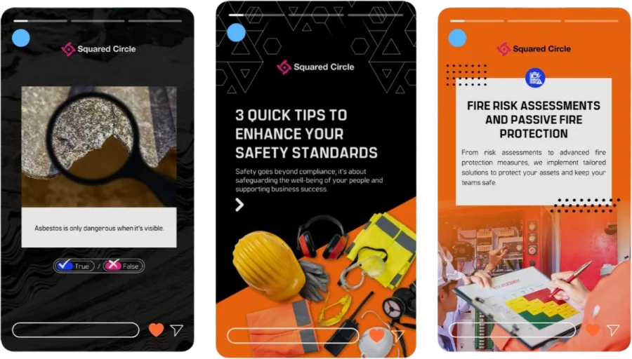 Social media marketing portfolio for Squared Circle featuring Instagram story designs for fire risk assessments and safety standards.