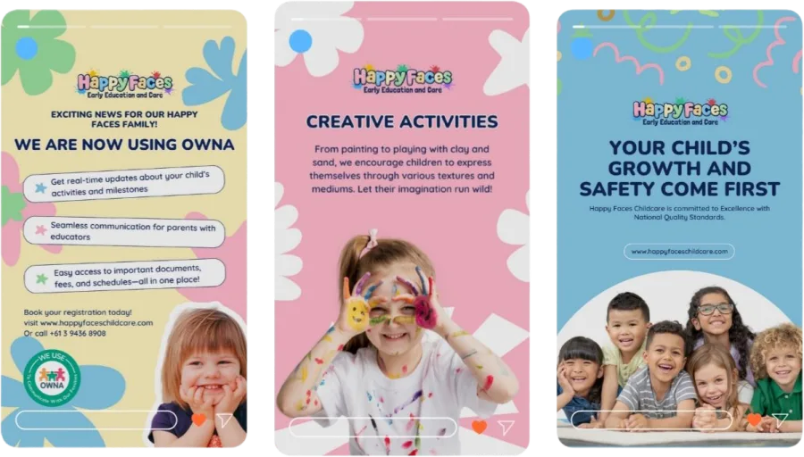 Happy Faces Childcare social media marketing portfolio showing Instagram story designs for creative activities and child safety.