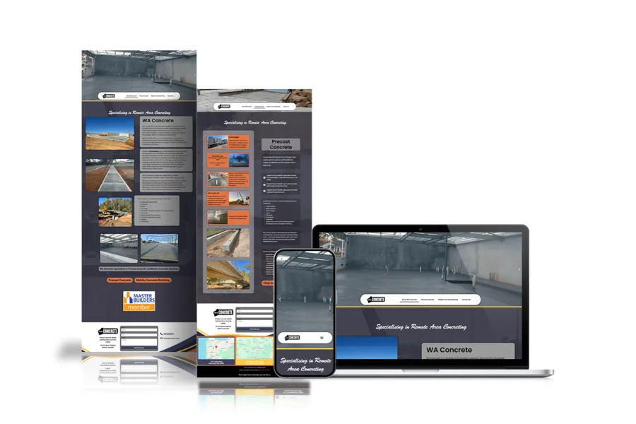 Website design mockup for WA Concrete displayed on desktop and mobile devices