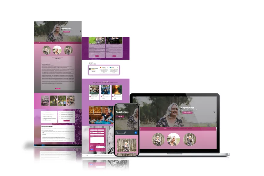 Website design mockup for Angelicness displayed on desktop and mobile devices