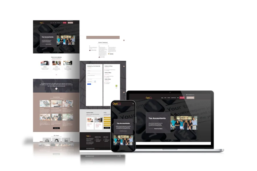Website design mockup for OptiTax displayed on desktop and mobile devices