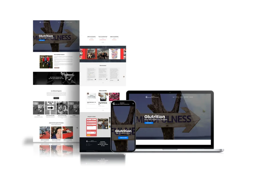 Website design mockup for Glutrition displayed on desktop and mobile devices