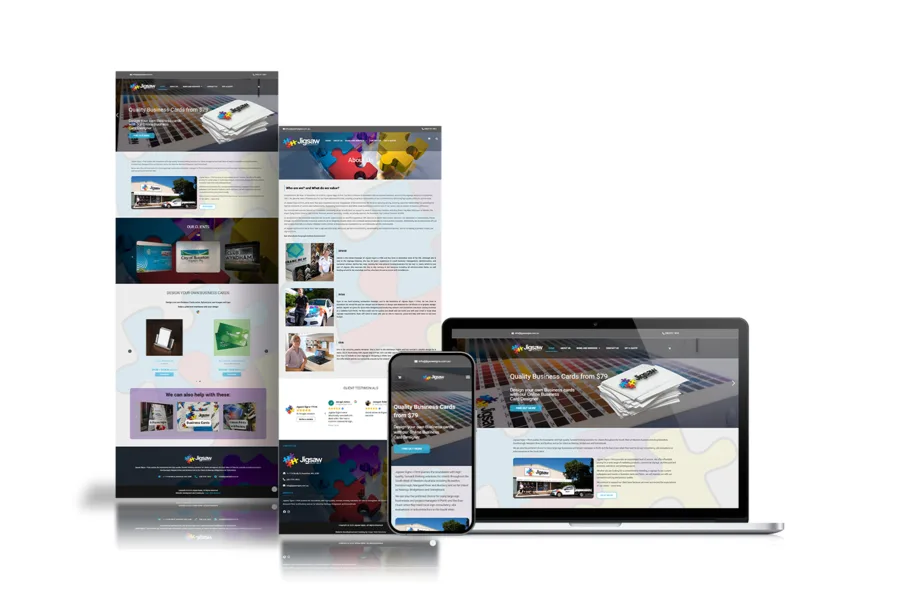 Website design mockup for Jigsaw Signs displayed on desktop and mobile devices